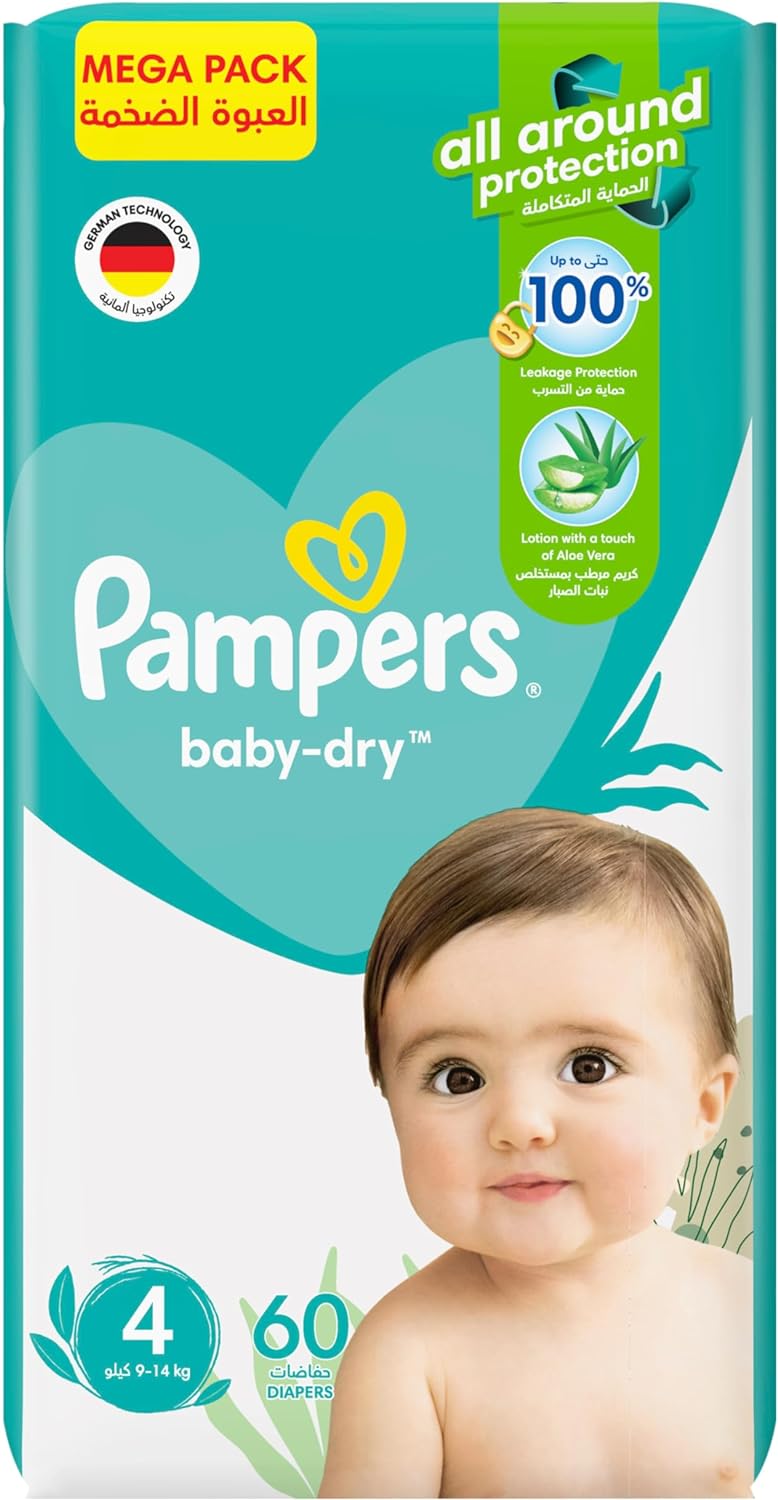 Pampers Baby-Dry Taped Diapers with Aloe Vera Lotion, up to 100% Leakage Protection, Size 4, 9-14kg, 240 Count