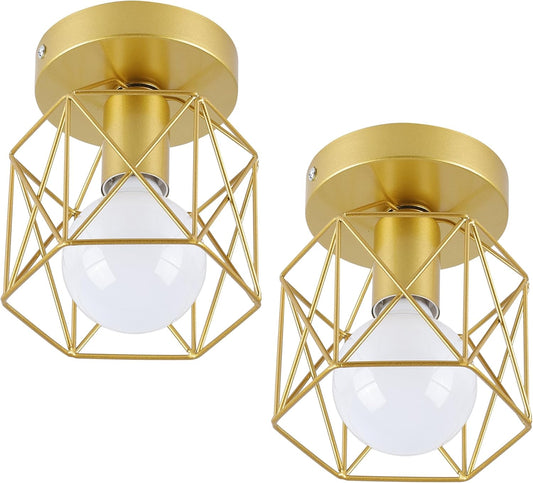 Qcyuui Gold Retro Metal Cage Industrial Vintage Ceiling Lights, Semi-Flush Mount Ceiling Lighting Fixture for Hallway, Dining Room, Bedroom, Balcony, Kitchen, Farmhouse Indoor Lighting, 2 Pack