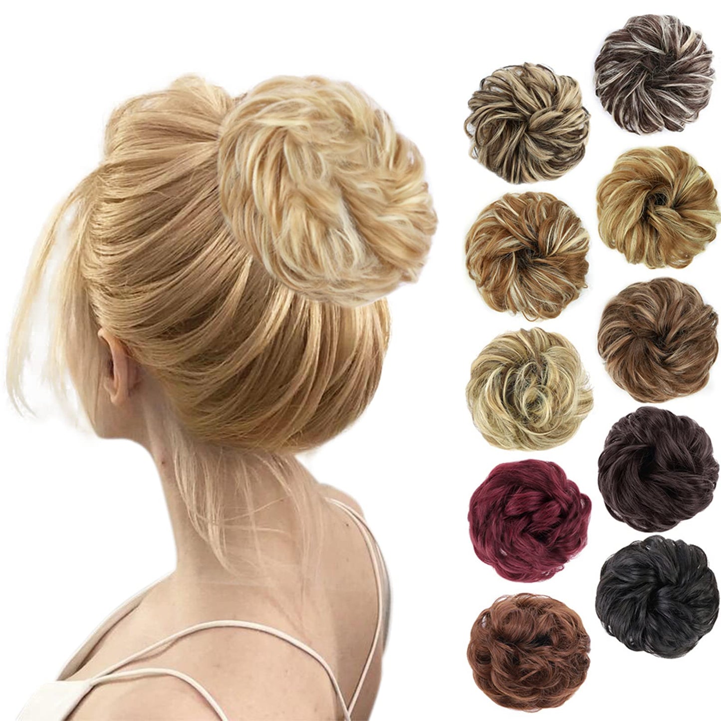 MORICA 1PCS Messy Hair Bun Hair Scrunchies Extension Curly Wavy Messy Synthetic Chignon for Women (12AH613(Light Golden Brown & Lightest Blonde))