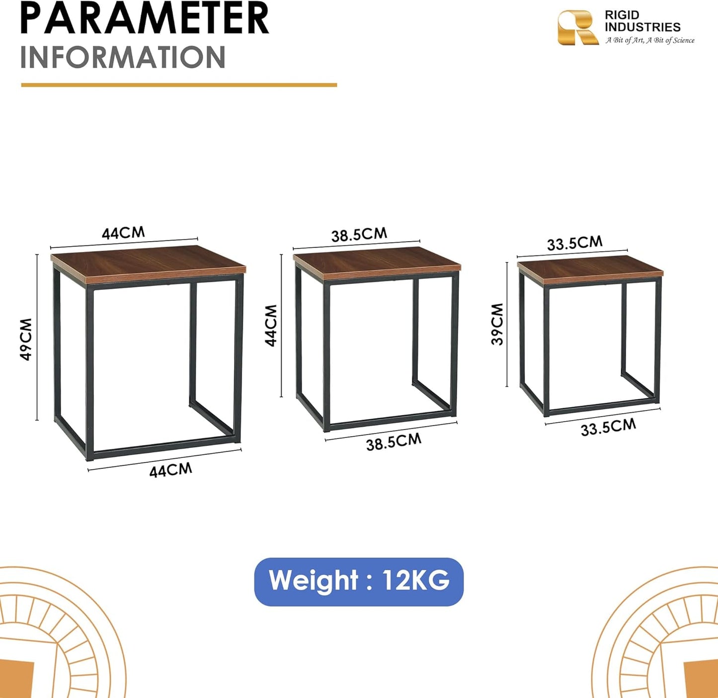 RIGID Set of 3 Nesting Table for Living Room, Small Couch Tea Table,Industrial Stacking Side Tables with Sturdy Steel Metal Frame