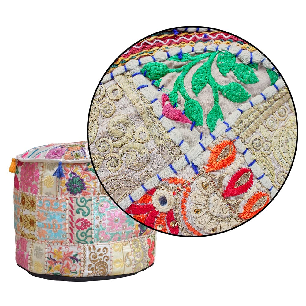 Aakriti Gallery Indian Pouf Footstool Ethnic Embroidered Pouf Cover, Indian Cotton Round Pouffe Ottoman Pouf Cover Pillow Ethnic Decor Art - Cover Only (Yellow, 18x13)