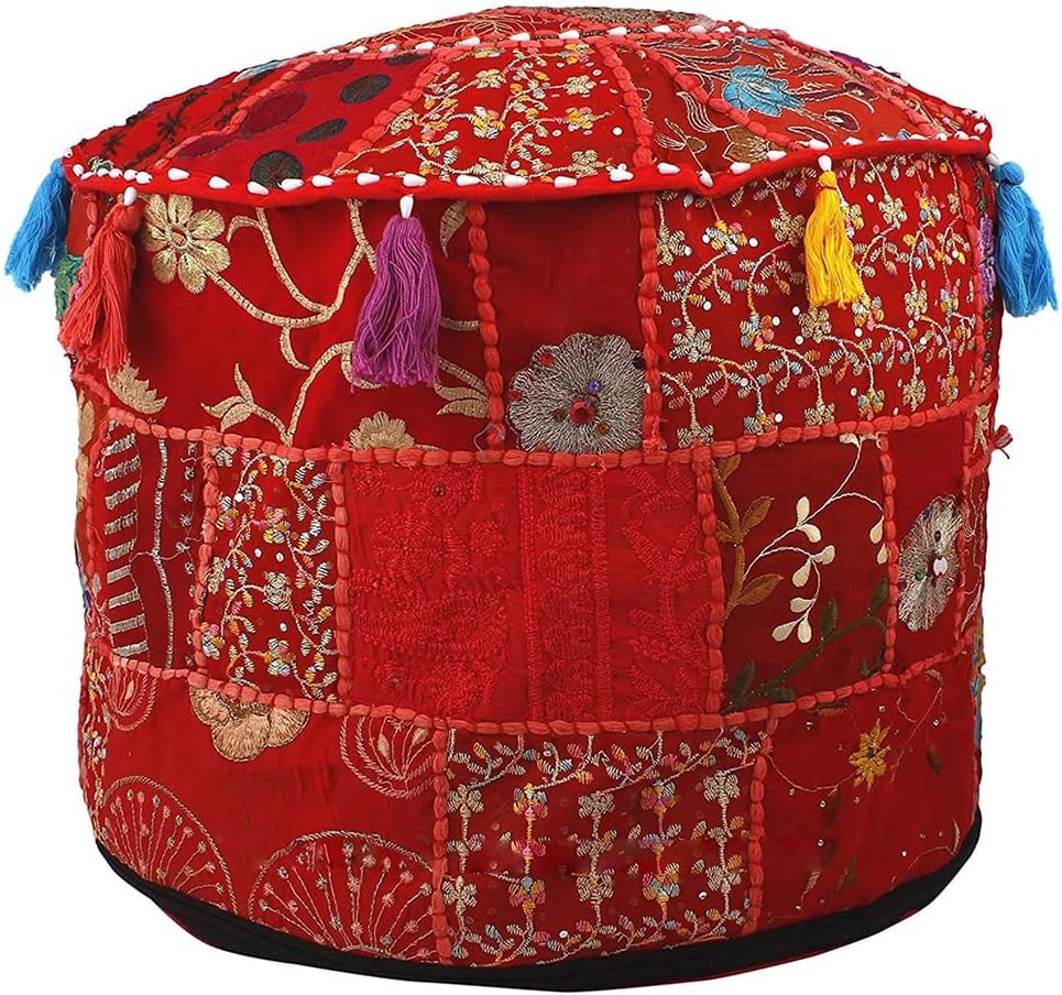 Aakriti Gallery Indian Pouf Footstool Ethnic Embroidered Pouf Cover, Indian Cotton Round Pouffe Ottoman Pouf Cover Pillow Ethnic Decor Art - Cover Only (Yellow, 18x13)