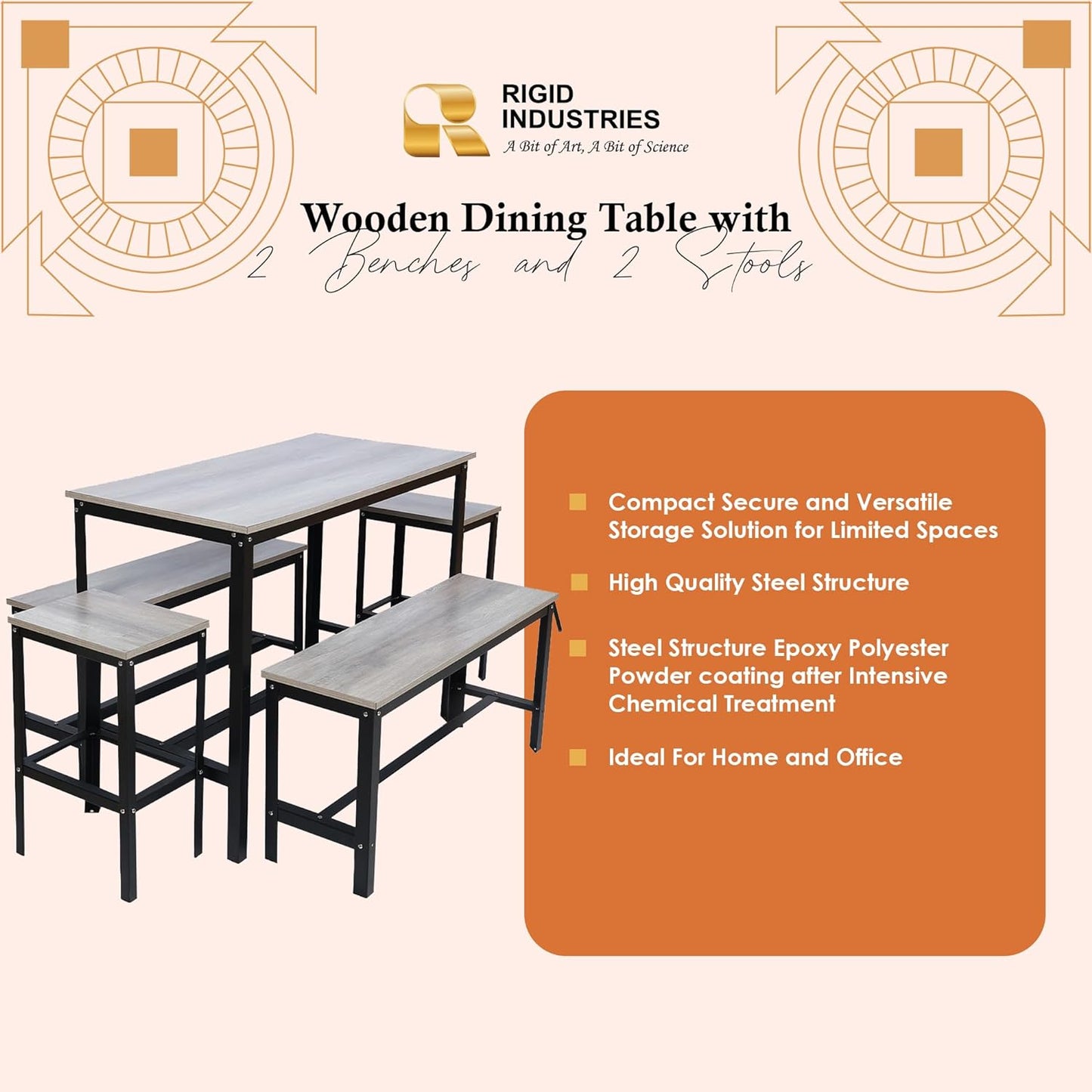 RIGID Wooden Dining Room Set, Durable Steel Frame, Industrial Design for Kitchen, Dining Room, Living Room Furniture (Wooden Desk and Bench Set)