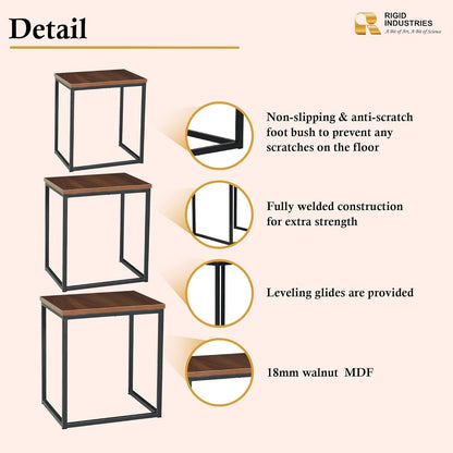 RIGID Set of 3 Nesting Table for Living Room, Small Couch Tea Table,Industrial Stacking Side Tables with Sturdy Steel Metal Frame