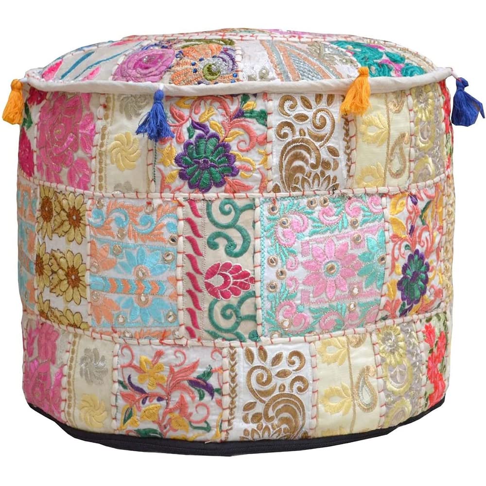 Aakriti Gallery Indian Pouf Footstool Ethnic Embroidered Pouf Cover, Indian Cotton Round Pouffe Ottoman Pouf Cover Pillow Ethnic Decor Art - Cover Only (Yellow, 18x13)