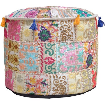 Aakriti Gallery Indian Pouf Footstool Ethnic Embroidered Pouf Cover, Indian Cotton Round Pouffe Ottoman Pouf Cover Pillow Ethnic Decor Art - Cover Only (Yellow, 18x13)