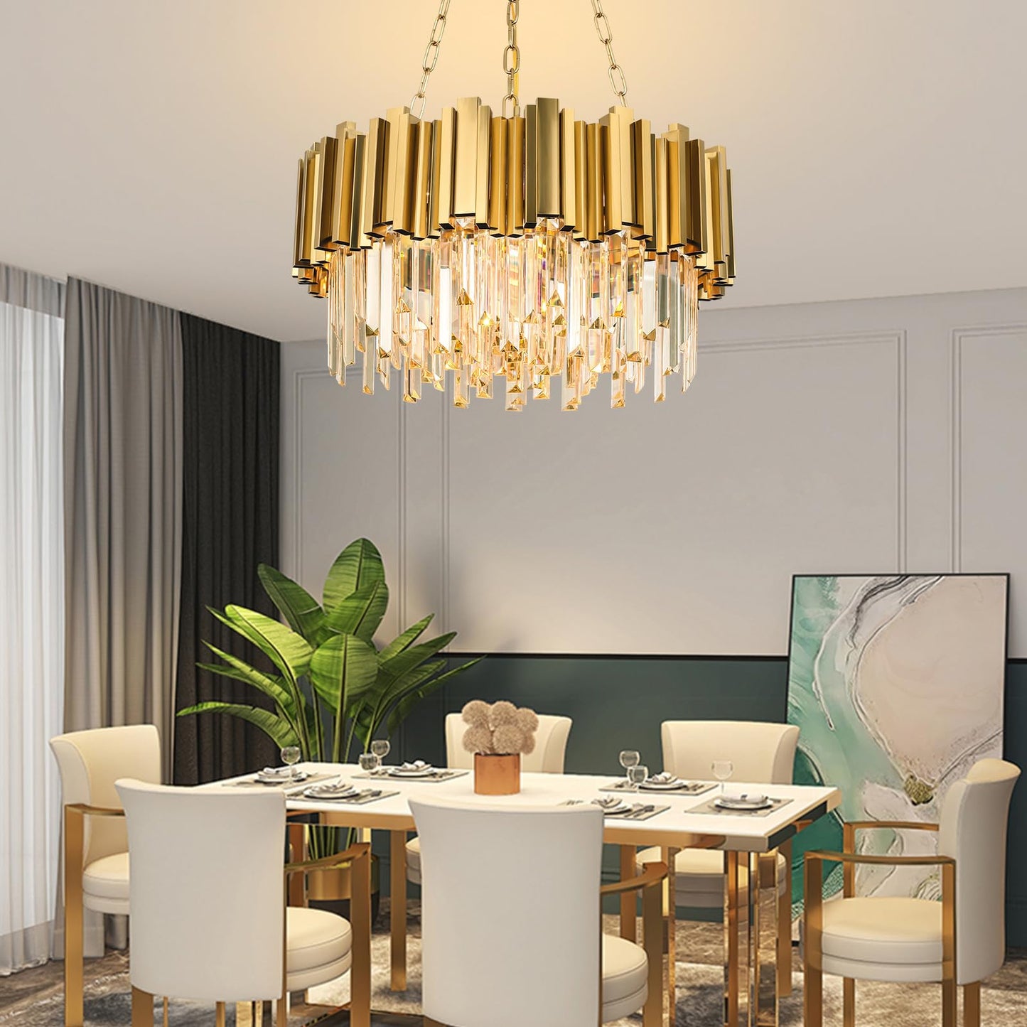 Modern Crystal Chandeliers Gold Black Crystal Chandeliers 3-Tier Round Crystal Chandelier Ceiling Light Fixture Crystal Pendant Light Fixture for Dining Room Living Room Bedroom Foyer Hallway W15.7"