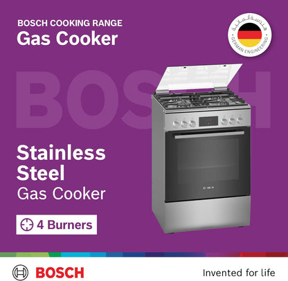 Bosch Free Standing Cooker, Gas Cooker 53.7 kg, Stainless Steel Gas Range Cooker, German Engineering Cooking Range HXQ38AE50M