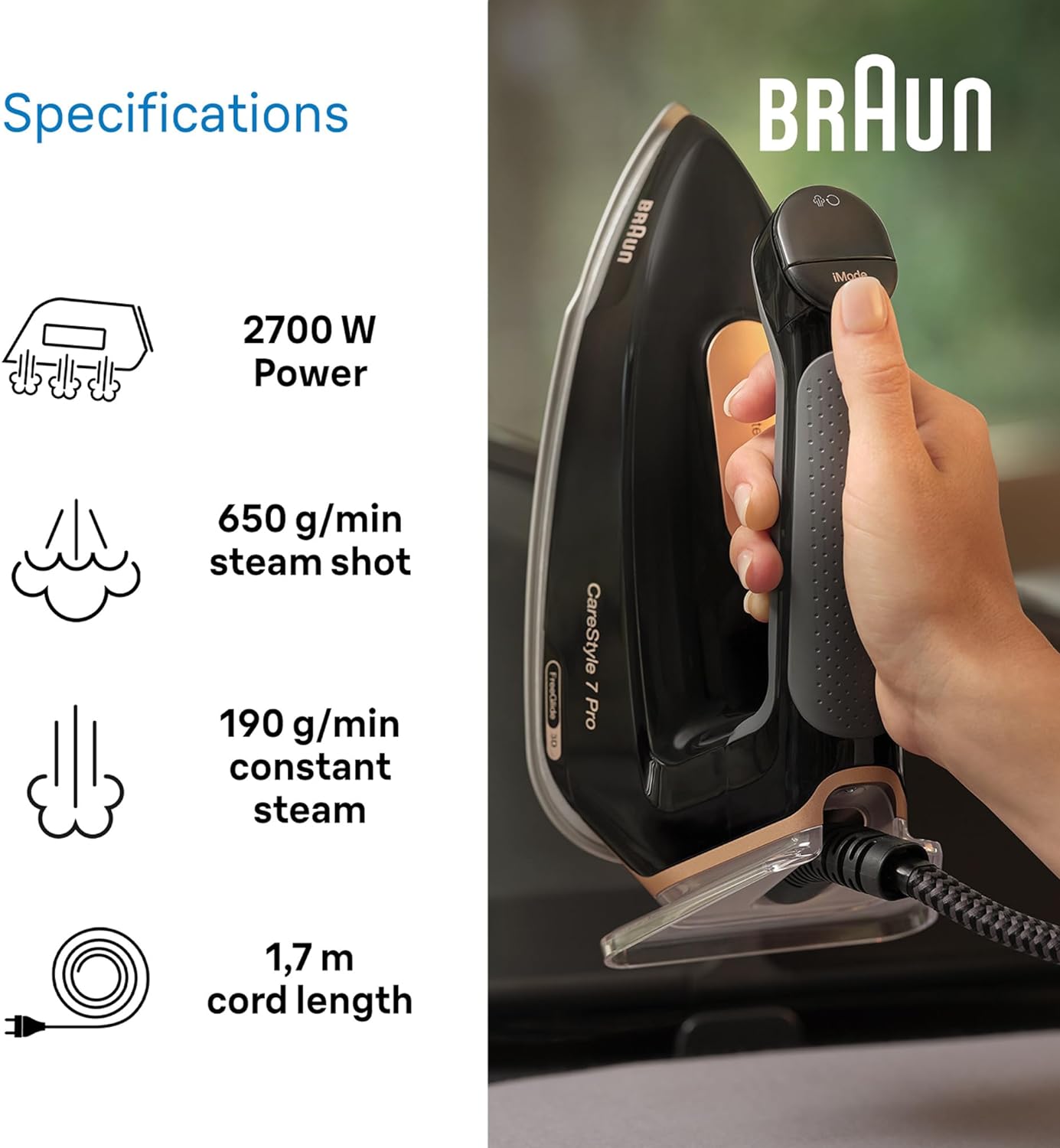 Braun CareStyle 7 Pro Steam Generator Iron with FreeGlide 3D Technology, Smart iCareMode, Ironing, Anti Drip, Detachable 2L Water Tank, Auto-Off, 2700 Watts, IS 7286 Black