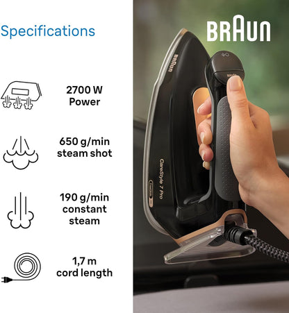 Braun CareStyle 7 Pro Steam Generator Iron with FreeGlide 3D Technology, Smart iCareMode, Ironing, Anti Drip, Detachable 2L Water Tank, Auto-Off, 2700 Watts, IS 7286 Black