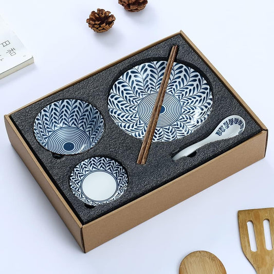 Gegong Blue and White Porcelain Dinnerware Set, Dishes, Bowl, Spoon, Chopsticks, Service for 1, Colorful Glazed Ceramic Set, Gift Box Packaging (Willow Leaves)