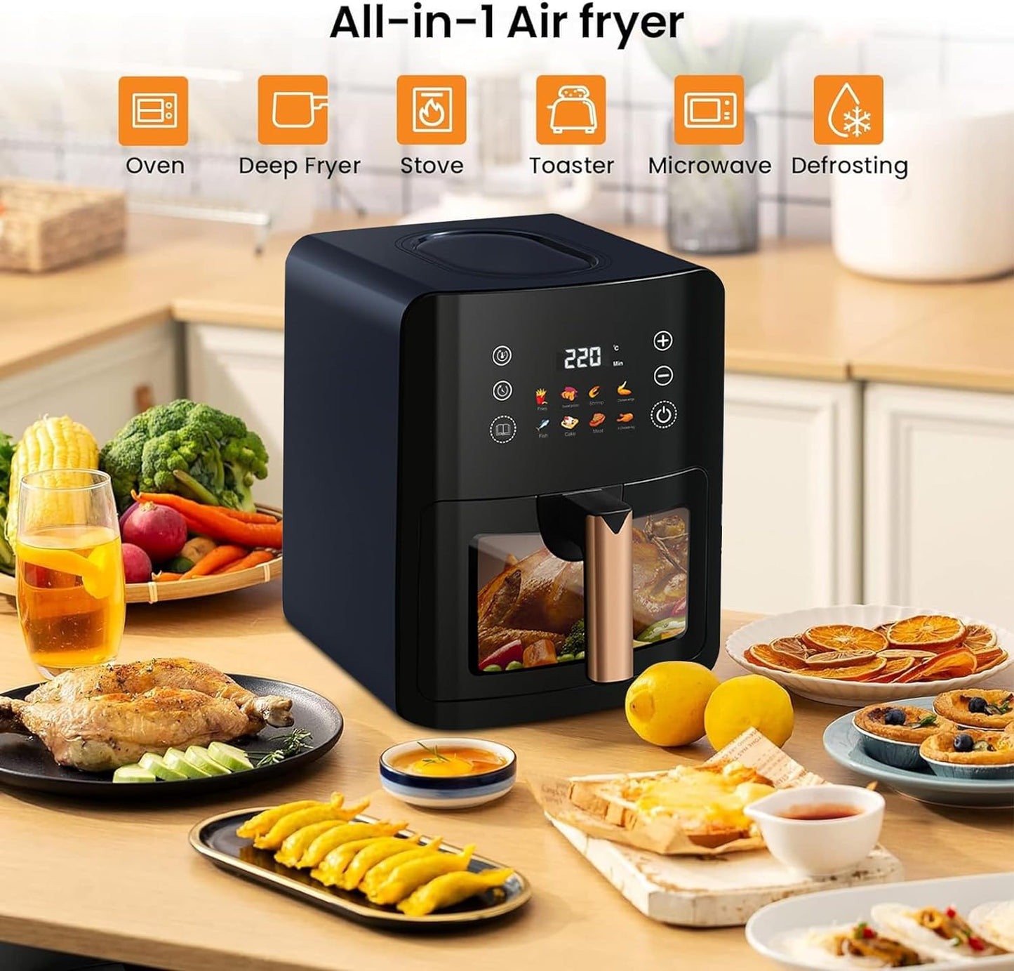 Air Fryer Large Capacity 8L with Oil-Free, Visible Cooking Window & Internal Light, with Led Touch Screen for 8-in-1 Functions, Space-Saving Slim Design And Customized Temp/Time