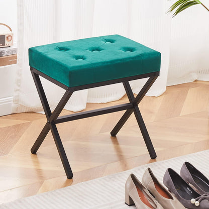 Cpintltr Ottoman Foot Stool Tufted Vanity Stool Ottomans Thickened Cushion Footstool Mulifunctional Shoe Changing Seat Step Stools with Metal X Leg for Living Room Bedroom Faux Leather Black