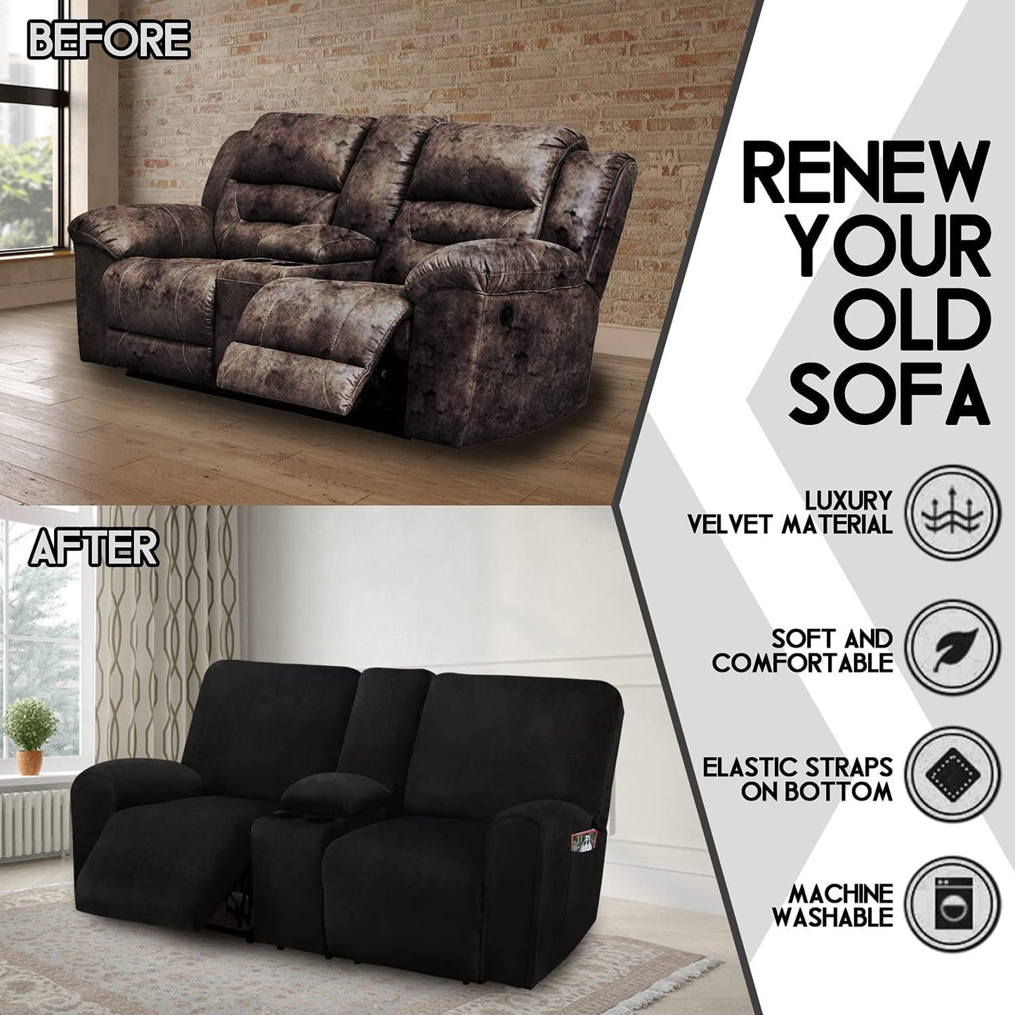 ULTICOR Reclining Loveseat with Middle Console Slipcover, 8-Piece Velvet Stretch Loveseat Reclining Sofa Covers, 2 seat Loveseat Recliner Cover, Thick, Soft, Washable, Loveseat Slipcovers (Dark Grey)