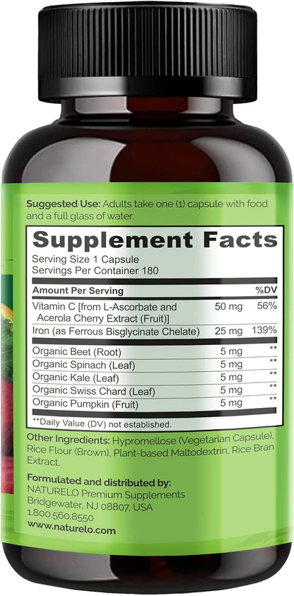 NATURELO Vegan Iron Supplement with Vitamin C and Organic Whole Foods - Gentle Pills for Women & Men w/Iron Deficiency Including Pregnancy, Anemia Diets 90 Mini Capsules