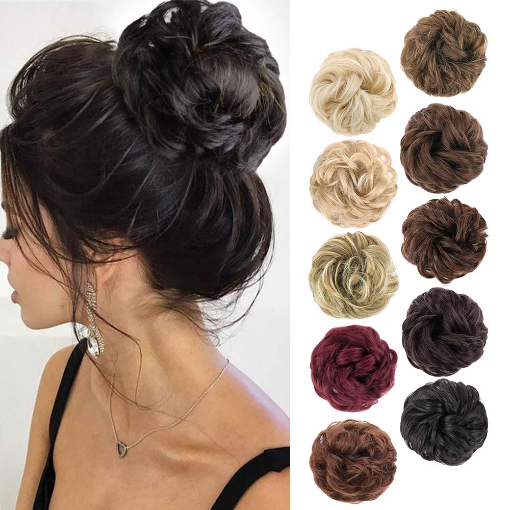 MORICA 1PCS Messy Hair Bun Hair Scrunchies Extension Curly Wavy Messy Synthetic Chignon for Women (12AH613(Light Golden Brown & Lightest Blonde))