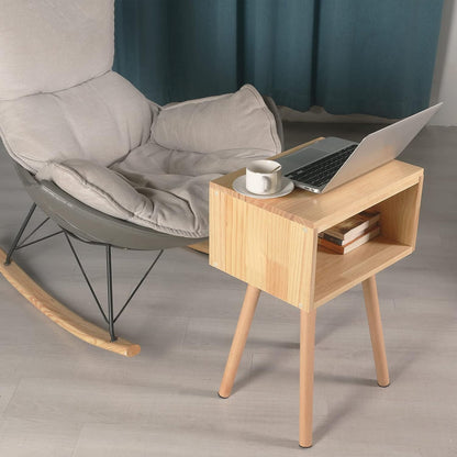 exilot Solid Wood Nightstand Mid-Century Modern Bedside Table Minimalist and Practical End Side Table, Natural Wood Color.