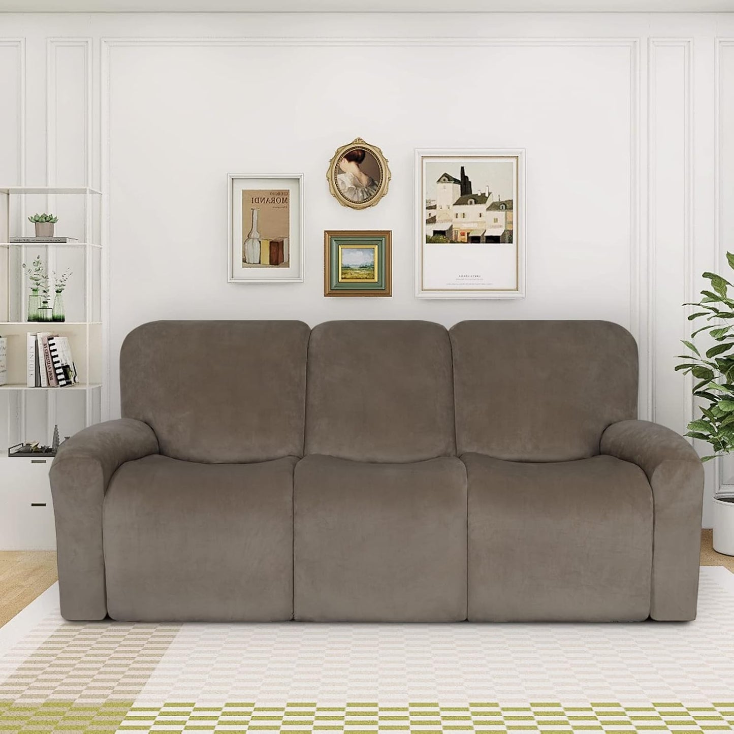 Easy-Going Velvet Reclining Loveseat with Middle Console Slipcover, Stretch 8-Piece Loveseat Reclining Sofa Covers, 2 Seat Loveseat Recliner Slipcover, Thick, Soft, Washable, Gray