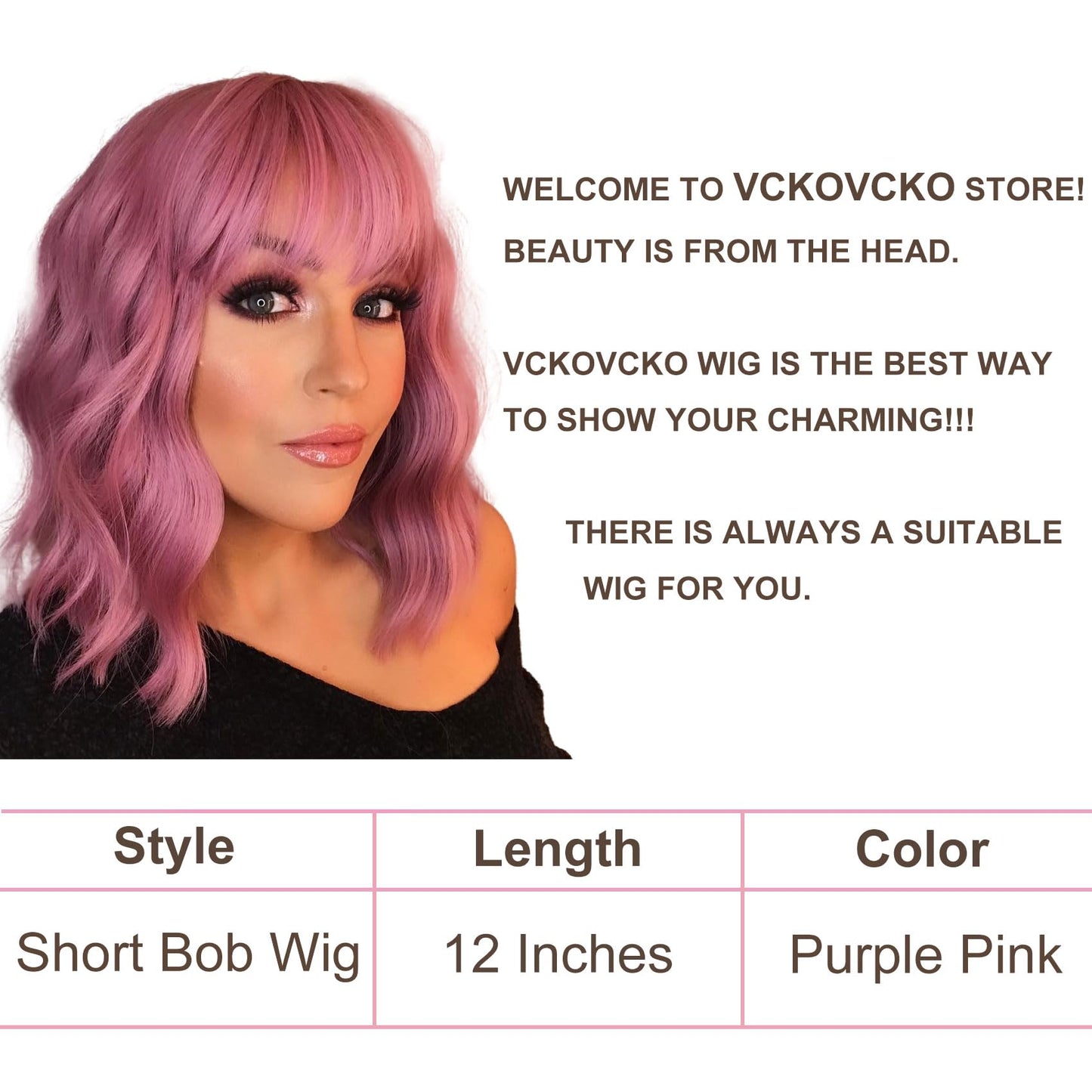 VCKOVCKO Ombre Color Natural Wavy Bob Wig With Air Bangs Short Bob Wigs Women's Shoulder Length Wigs Black to Pink Purple Curly Wavy Synthetic Cosplay for Girl Colorful Wigs(12",Black to WineRed)