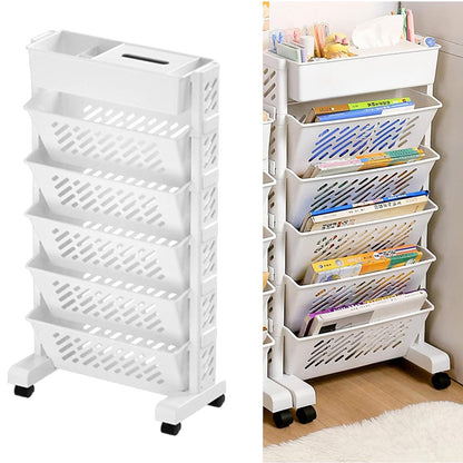 U-HOOME 5 Tiers Movable Bookshelf Cart with Wheels, Removable Unique Bookcase, Utility Organizer Book Rack with Wheels for Kids Children Students Study in Bedroom Living Room Home School (White 1)