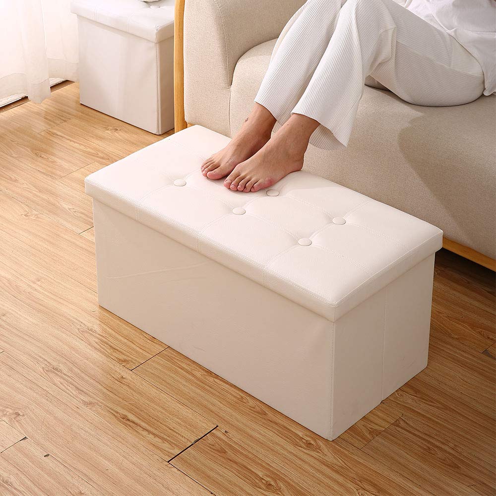 Faux Leather Folding White Storage Ottoman Bench, 110L Extra Large Storage Bench for Bedroom and Hallway, Versatile Space-Saving Storage Box with Storage Chest Footrest Padded Seat