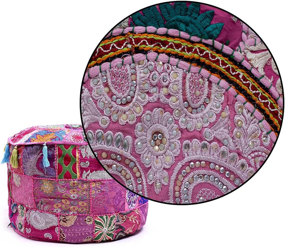 Aakriti Gallery Indian Pouf Footstool Ethnic Embroidered Pouf Cover, Indian Cotton Round Pouffe Ottoman Pouf Cover Pillow Ethnic Decor Art - Cover Only (Yellow, 18x13)