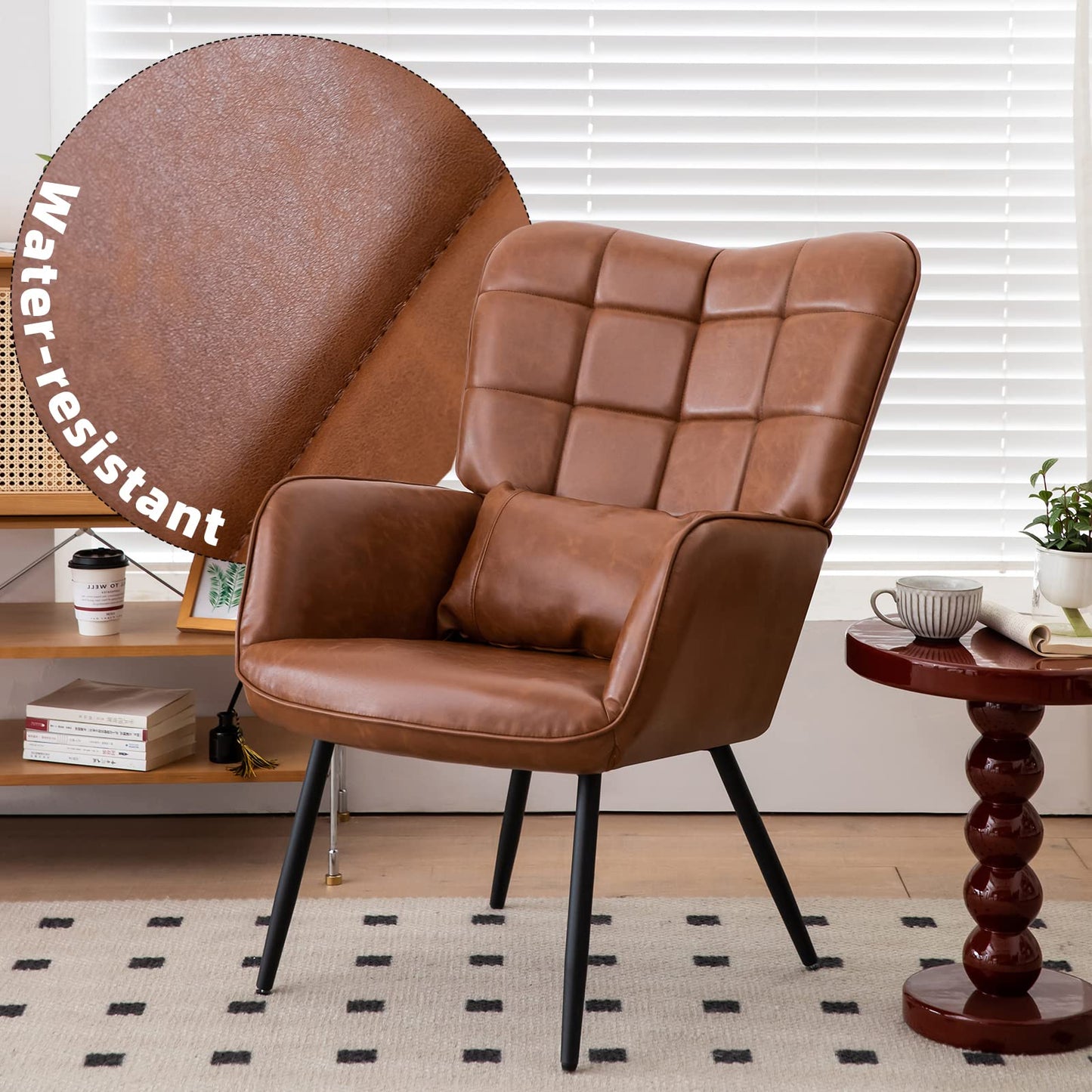 MFFM Leather Armchair, Modern Accent Chair High Back, Living Room Chairs with Metal Legs and Soft Padded, Sofa Chairs for Home Office,Bedroom,Dining Room (Brown-1pc)