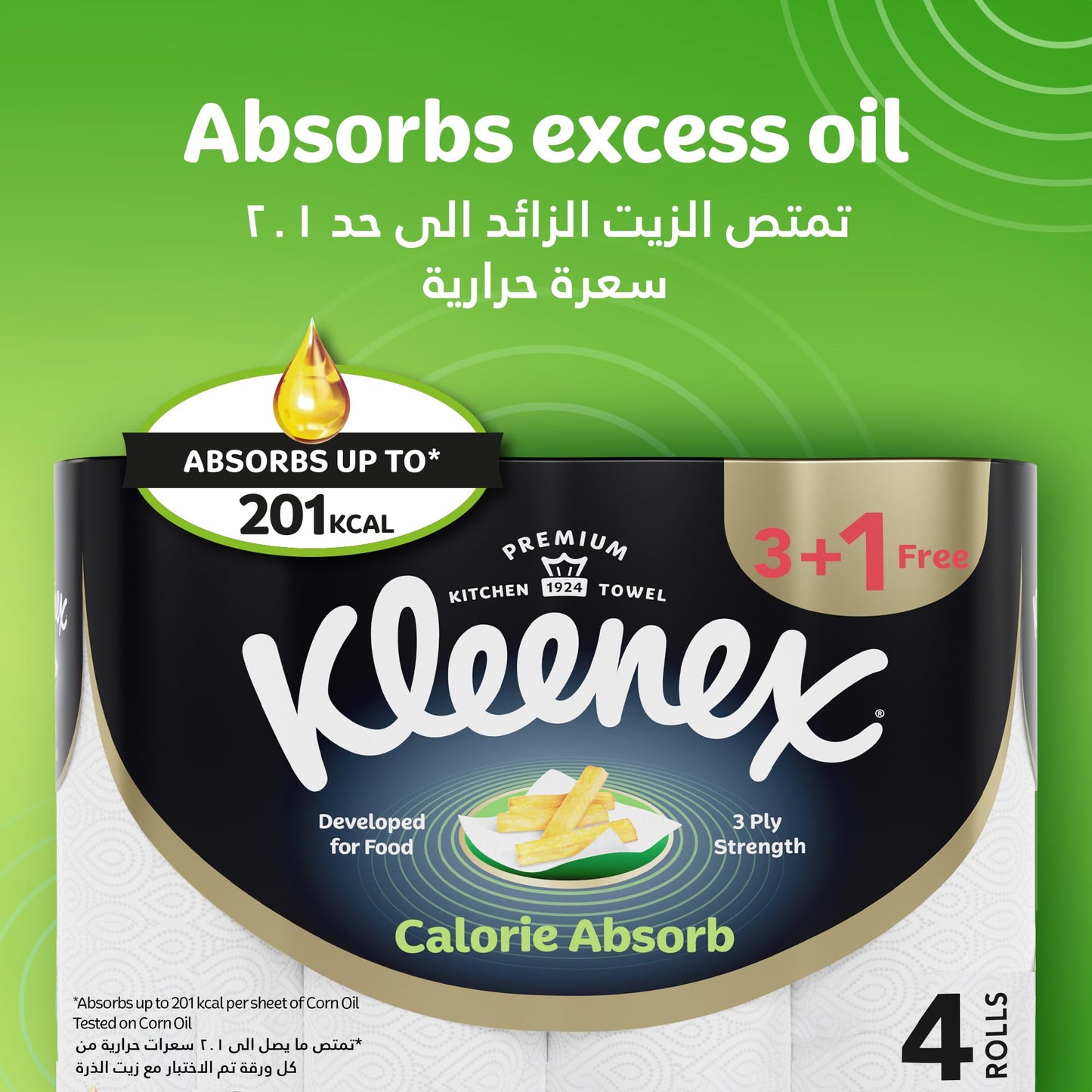 Kleenex Calorie Absorb Kitchen Tissue Paper Towel, 3 PLY, 8 Rolls x 50 Sheets, Food-Grade Strong Absorbent Kitchen Tissue