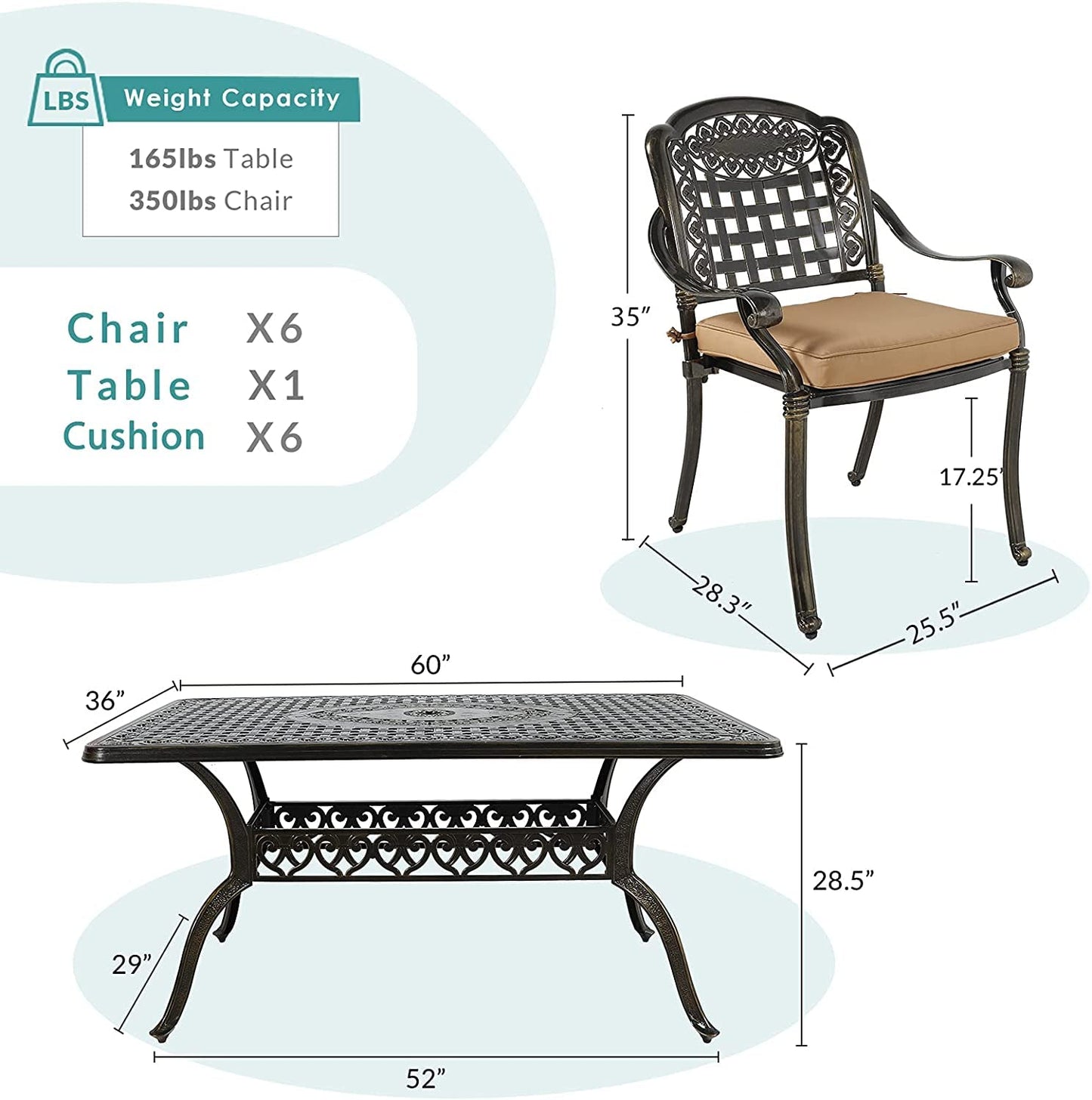 Yulan 7-Piece Outdoor Furniture Dining Set, All-Weather Cast Aluminum Patio Conversation Set, Include 6 Chairs and a Round Table with Umbrella Hole for Balcony Lawn Garden Backyard (B) 603