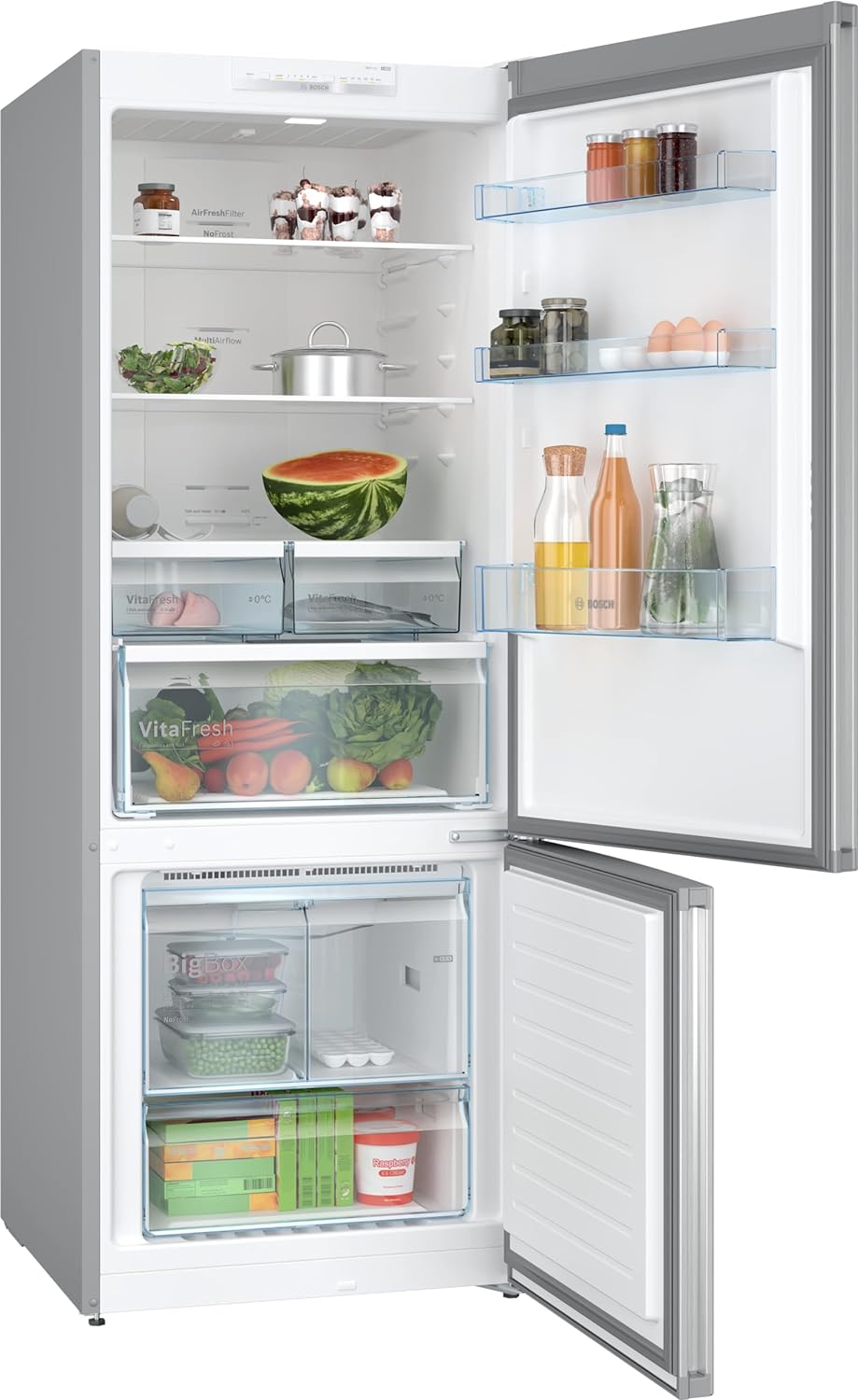 Bosch Series 4 Free-Standing Refrigerator with Freezer at bottom 186 x 70 cm Stainless steel look, VitaFresh,LED light, KGN55VL21M, 1 Year Manufacturer Warranty