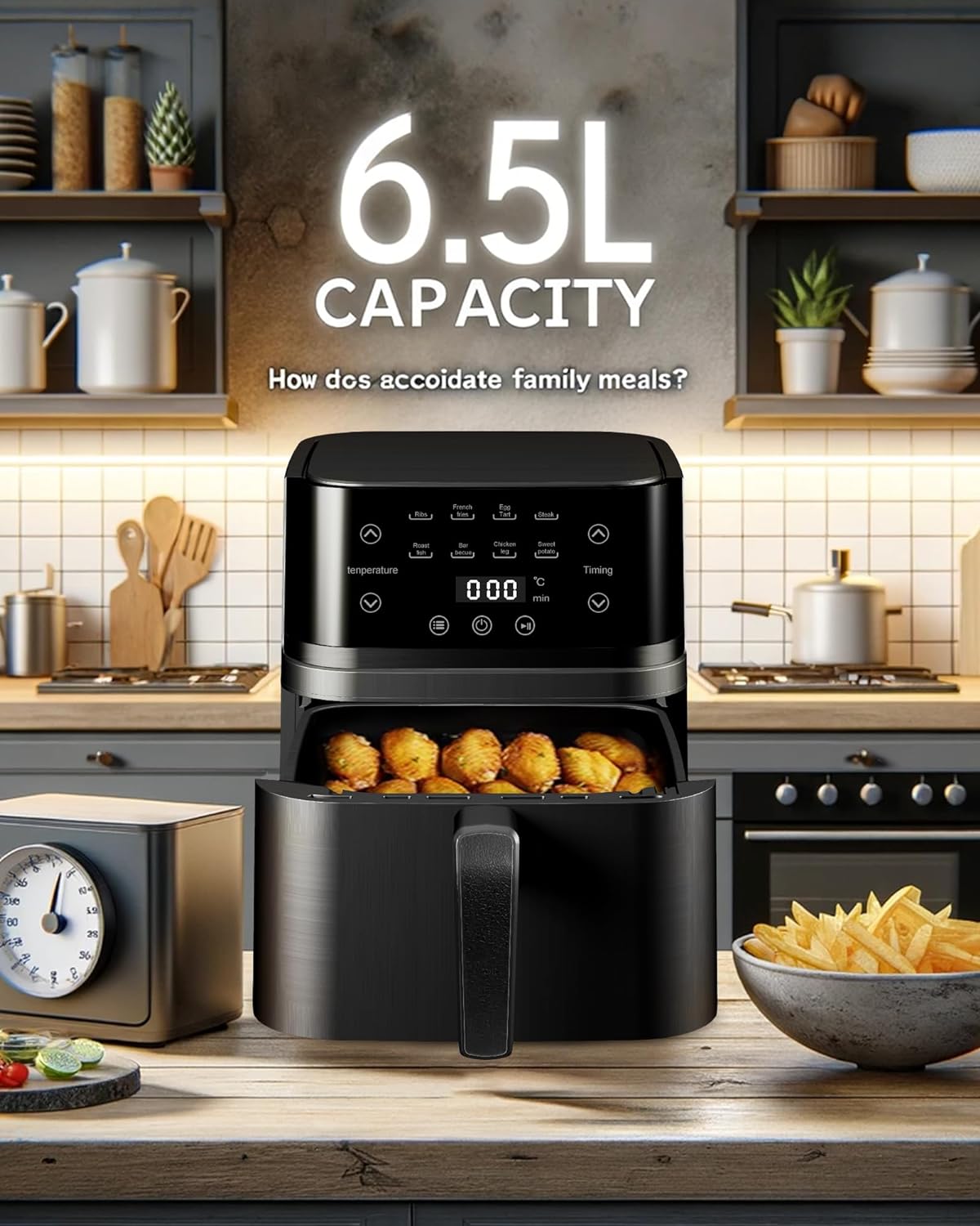 6.5L Air Fryer with Multi-Function Cooking Revolutionize Your Kitchen Experience Smart Touch, Large Capacity, Precise Temperature Control, Extended Timer - Ideal for Healthy Frying & Delicious Recipes