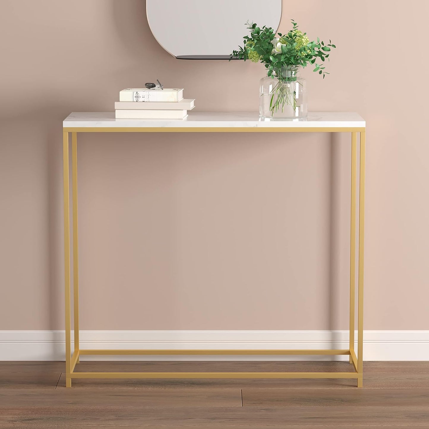 Safdie & Co. - Marble White Console Tables for Entryway, Gold Metal Console Table, Use As Doorway Table, Narrow Bar Table, or Accent Furniture for Decorating Foyer, 31 x 12 x 28 inches