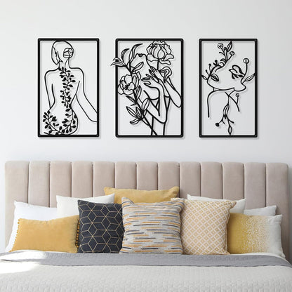 CHENGU 3 Pieces Metal Minimalist Abstract Woman Wall Art Line Drawing Wall Art Decor Single Line Female Home Hanging Wall Art Decor for Kitchen Bathroom Living Room (Black, Hand)