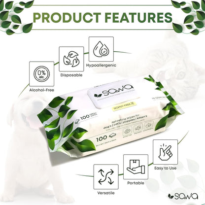 SAWA Dog Wipes, 100 Pcs Thick Plant Based Grooming Wipes For Easy Use on Paws, Body and Bum, Unscented pet wipes