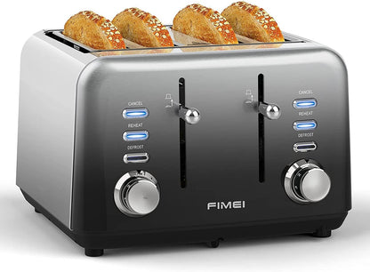 Toaster 4 Slice, FIMEI Stainless Steel Toaster with Extra Wide Slot, Automatic Toaster, Compact Bagel Toaster, 7 Browning Setting with Defrost/Reheat/Cancel Function, Removable Crumb Tray (Gradient)