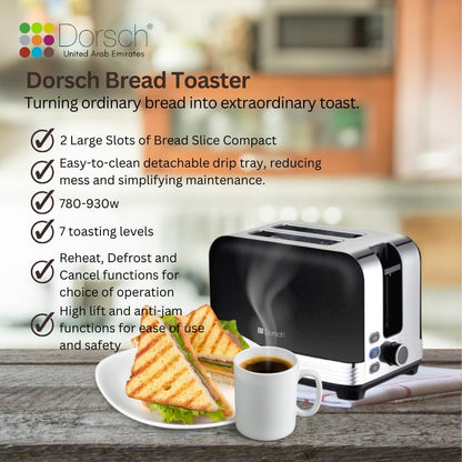 Dorsch TS-90 Bread Toaster - Defrost Function, 2-Slice Capacity, Crumb Collector Tray - Dual Slots, Controlled Toasting, 780-930W Power - Black & Silver, 2-Year Guarantee