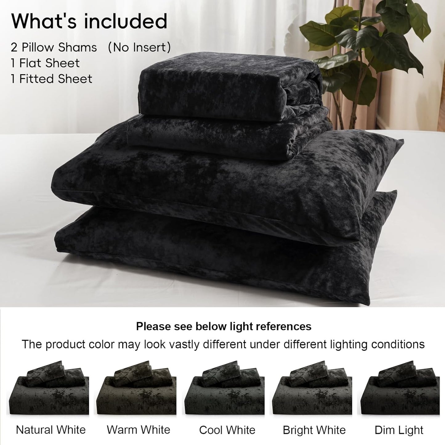 PHF 4-Piece Truly Velvet Sheet Set Queen Size, Luxury Cozy Warm Sheets Set for Fall & Winter, Non Pilling Fuzzy Flannel Fleece 15" Deep Pocket Sheet Set, Black