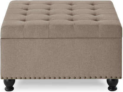 SPOFLYINN 30" L Square Storage Ottoman Bench, Upholstered Tufted Button Storage Bench with Nails Trim, Storage Toy Box Footrest Bench for Living Room, Bedroom Linen One Size