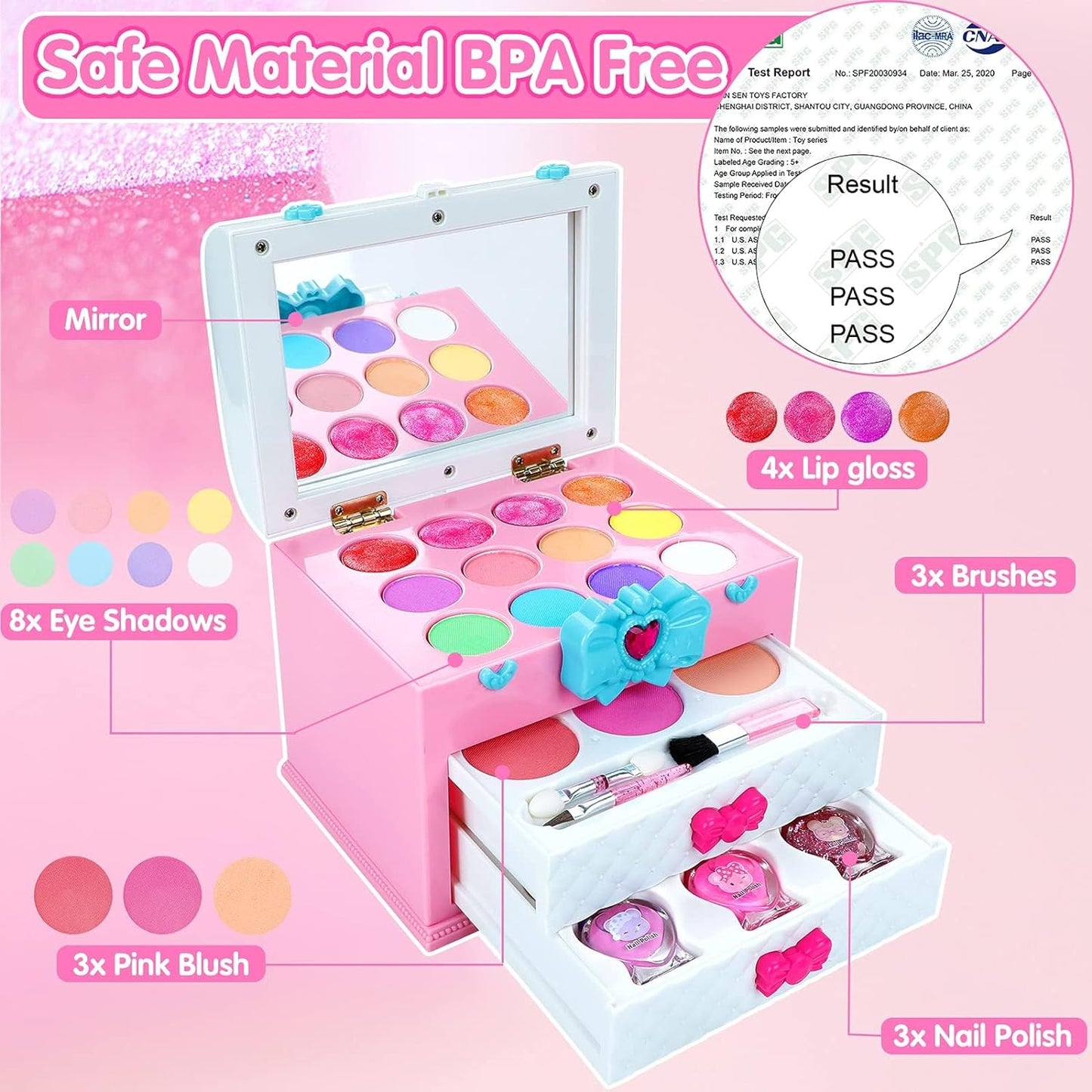 Washable Kids Makeup Kit for Little Girls 3-8, Real Makeup Toy Set with Portable Makeup Box, Lipsticks, Brushes and Mirror for Kids Toddlers Pretend Play Birthday Christmas