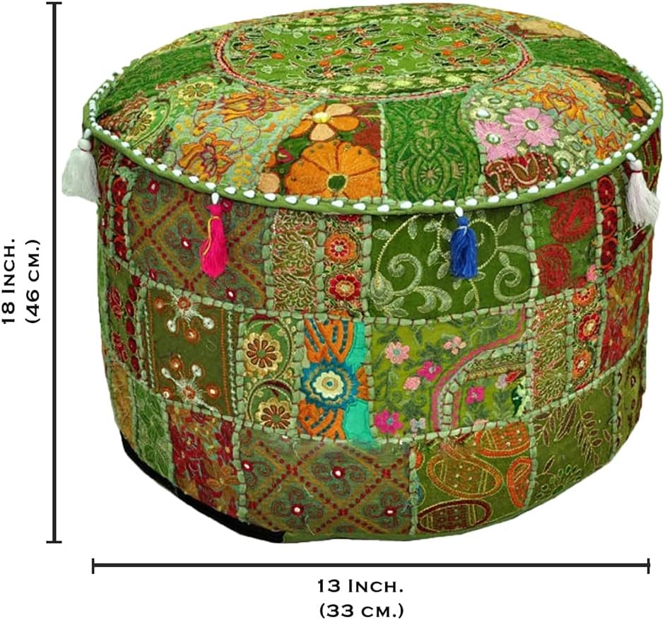 Aakriti Gallery Indian Pouf Footstool Ethnic Embroidered Pouf Cover, Indian Cotton Round Pouffe Ottoman Pouf Cover Pillow Ethnic Decor Art - Cover Only (Yellow, 18x13)