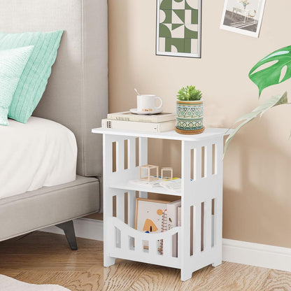 SPNOR End Table with Storage Shelf Basket, Small White Narrow Bedside Table, Modern Slim Coffee Tables Small Spaces, White Nightstand, Sofa Table for Living Room, Bedroom, Bathroom, Office Furniture