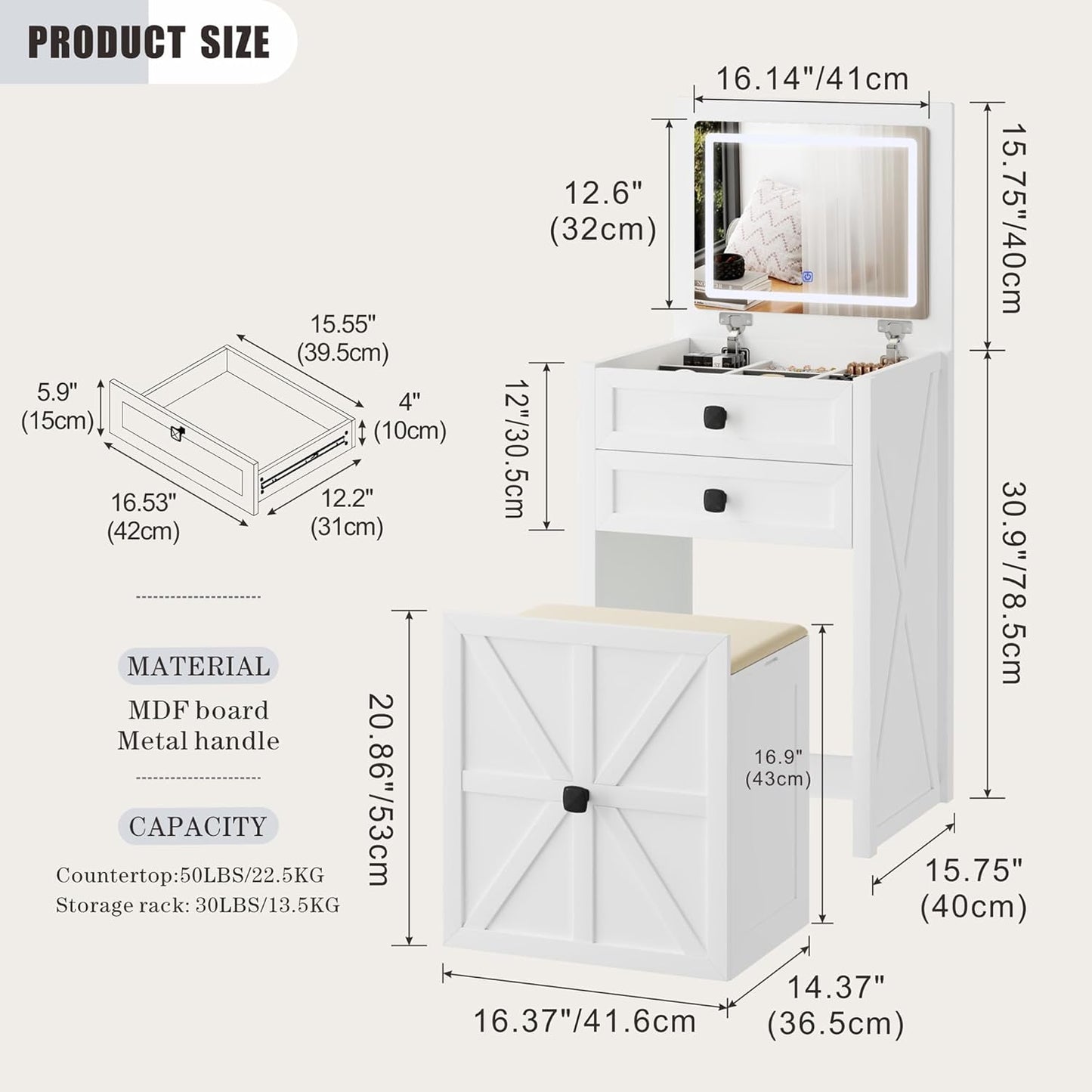 Farmhouse 3 in 1 Vanity Desk with Mirror, Small Makeup Vanity Set with Soft Light, Space-Saving Vanity Table with Storage Compartment and Padded Stool, Dressing Table for Bedroom, White