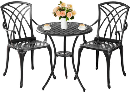 Withniture Bistro Table and Chairs Set of 2 Outdoor 3 Piece Bistro Sets Cast Aluminum Patio Bistro Set with Umbrella Hole, Patio Set for Garden, Black