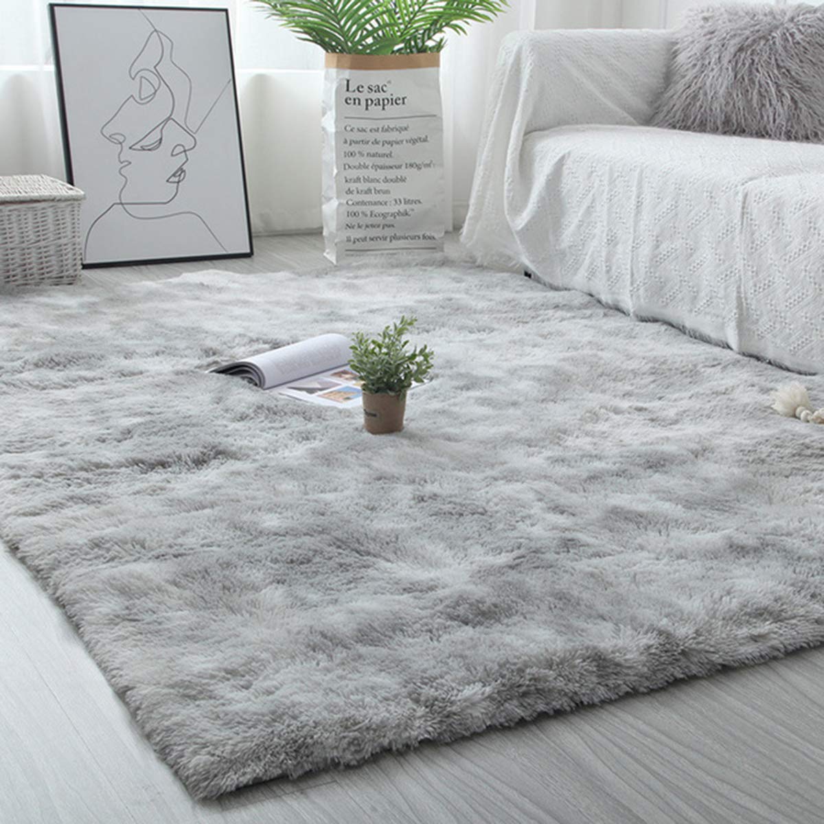 Tinyboy-hbq Area Rugs Shaggy Carpet for Living Room Bedroom Large Fluffy Carpet Modern Non-Slip Mat Multisize Rug Indoor Home Decor (Gray White, 80 x 120 cm)