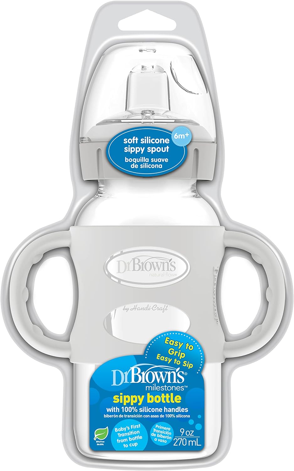 Dr. Brown's Milestones Wide-Neck Transitional Sippy Bottle with Silicone Handles 9 oz/270 mL, Blue, 1-Pack