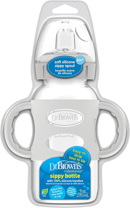 Dr. Brown's Milestones Wide-Neck Transitional Sippy Bottle with Silicone Handles 9 oz/270 mL, Blue, 1-Pack