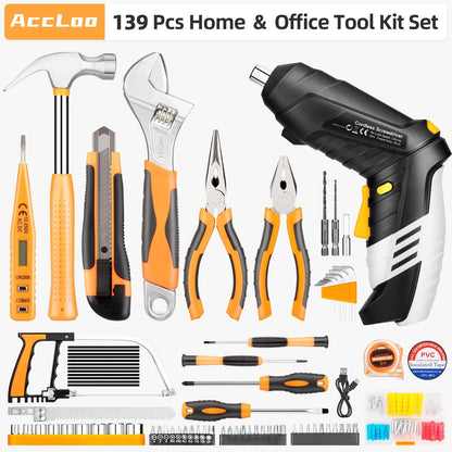 Accloo Tools Set Box 139 Pieces with Rechargeable Electric Screwdriver Set ＆ Hand Tools & Sturdy Storage Case, DIY tools box Kits for Garden Office House Household Repair