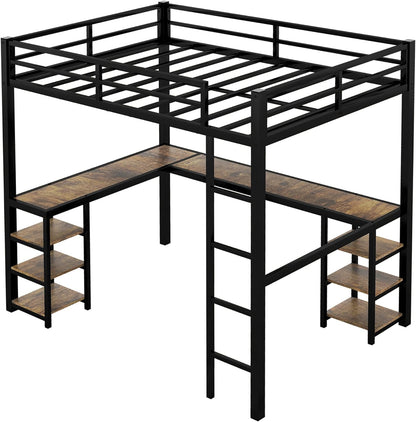 ROYAL POLAR Full Size Loft Bed with Desk and Storage Shelves Heavy Duty Metal Dunk Bed with Full-Length Guardrail Ladder Suitable for Teenagers Capacity 180KG