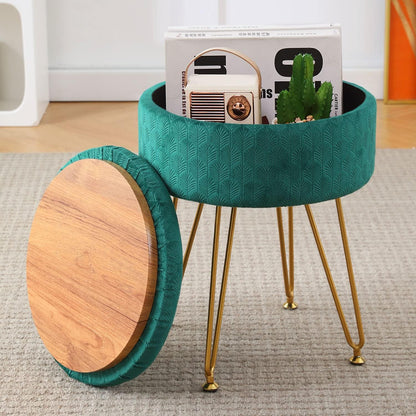 Cpintltr Footrest Footstools Round Velvet Ottoman with Storage Space Soft Vanity Chair with Memory Foam Seat Small Side Table Hallway Step Stool 4 Gold Metal Legs with Adjustable Footings Champagne