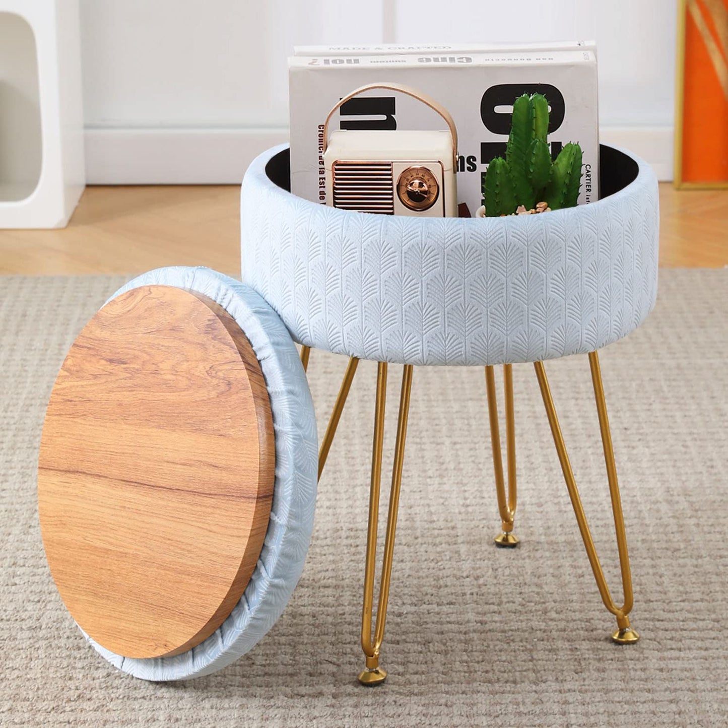 Cpintltr Footrest Footstools Round Velvet Ottoman with Storage Space Soft Vanity Chair with Memory Foam Seat Small Side Table Hallway Step Stool 4 Gold Metal Legs with Adjustable Footings Champagne